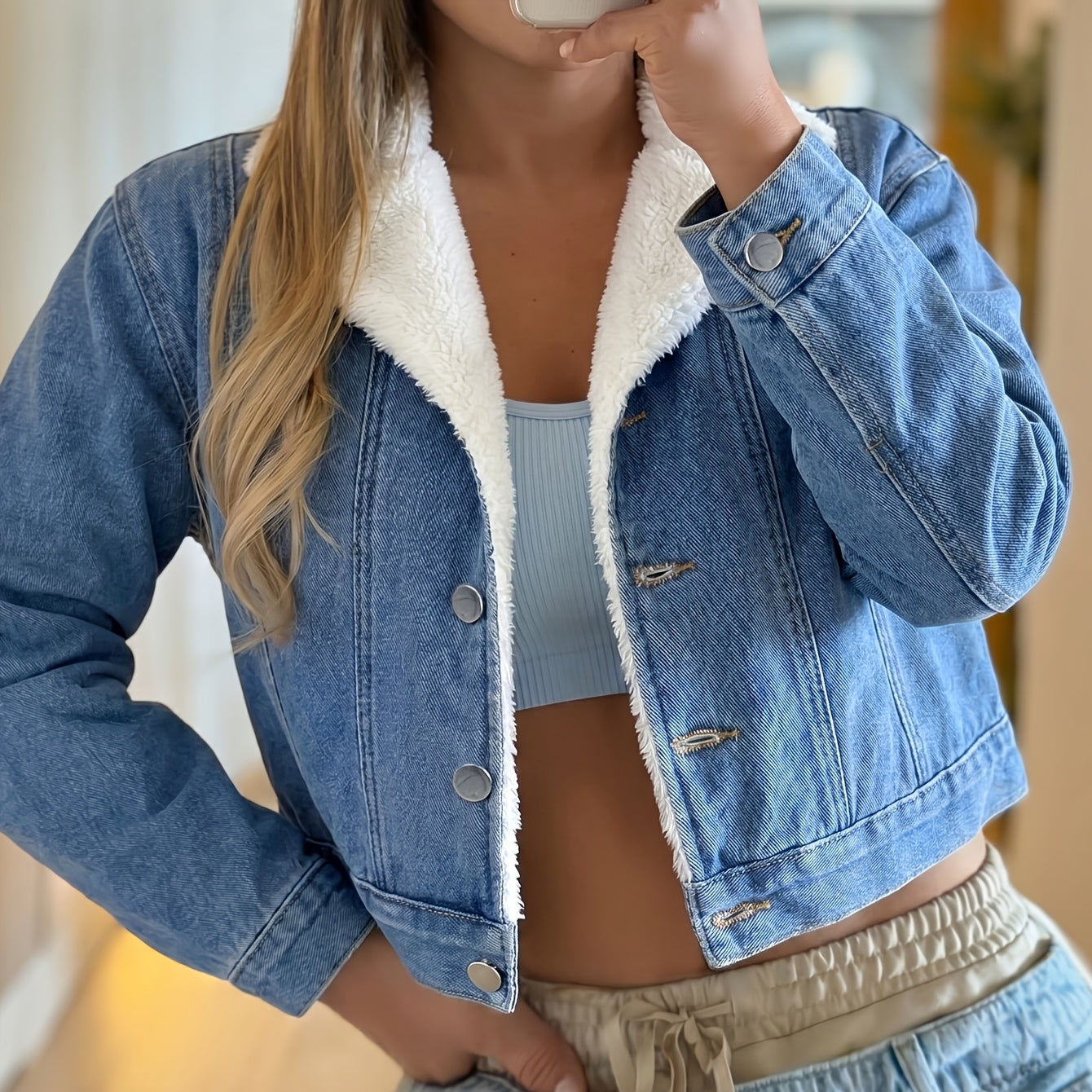 Veste courte en denim bleu avec doublure douce pour femme
