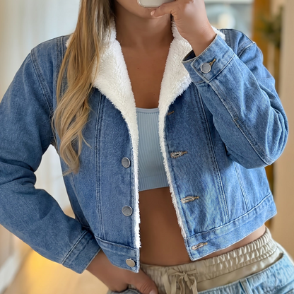 Veste courte en denim bleu avec doublure douce pour femme