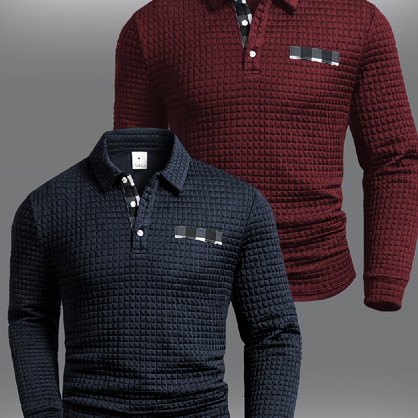 Polo homme à manches longues texturé quadrillé bicolore col chemise