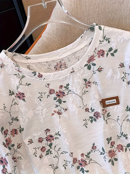 T-shirt donna a maniche corte stile chic con motivo floreale – Ideale per primavera ed estate