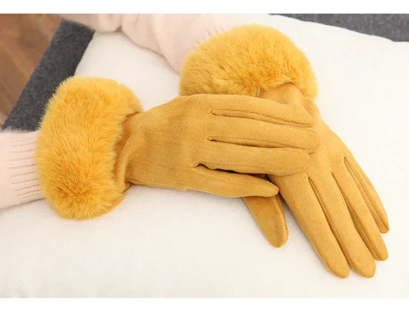 Gants Femme Hiver Aspect Suédé avec Bordure Fausse Fourrure Rose Poudré