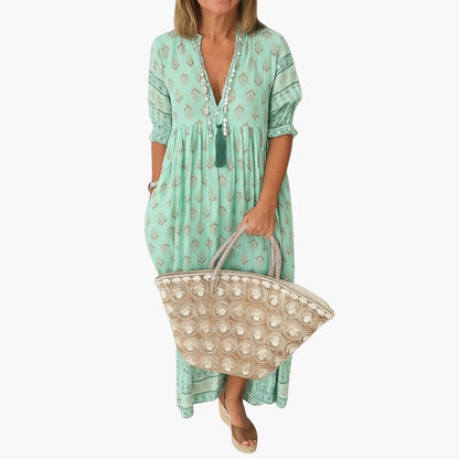 Robe mi-longue bohème pour femme, style décontracté avec imprimé et poches
