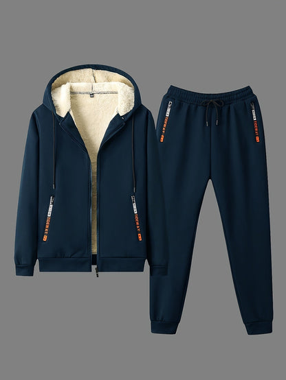 Ensemble Survêtement Homme Capuche Doublure Sherpa Hiver Chaud Bleu Marine