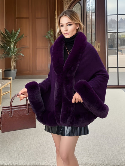 Cape poncho femme ample avec col et bordures en fausse fourrure pour hiver élégant