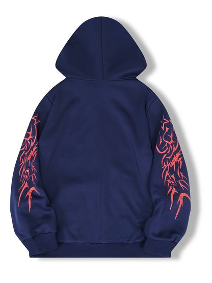 Sweat à capuche zippé noir avec motif tribal rouge manches longues
