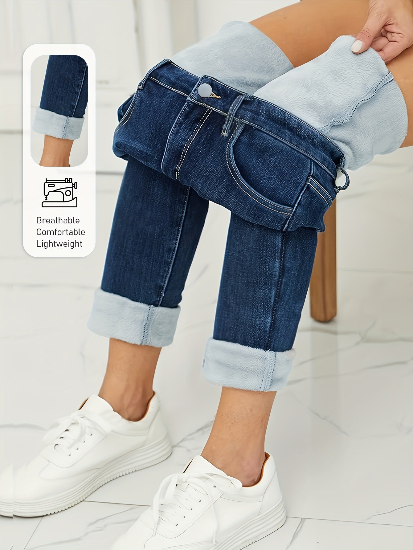 Jean Femme doublé polaire coupe droite bleu foncé chaud