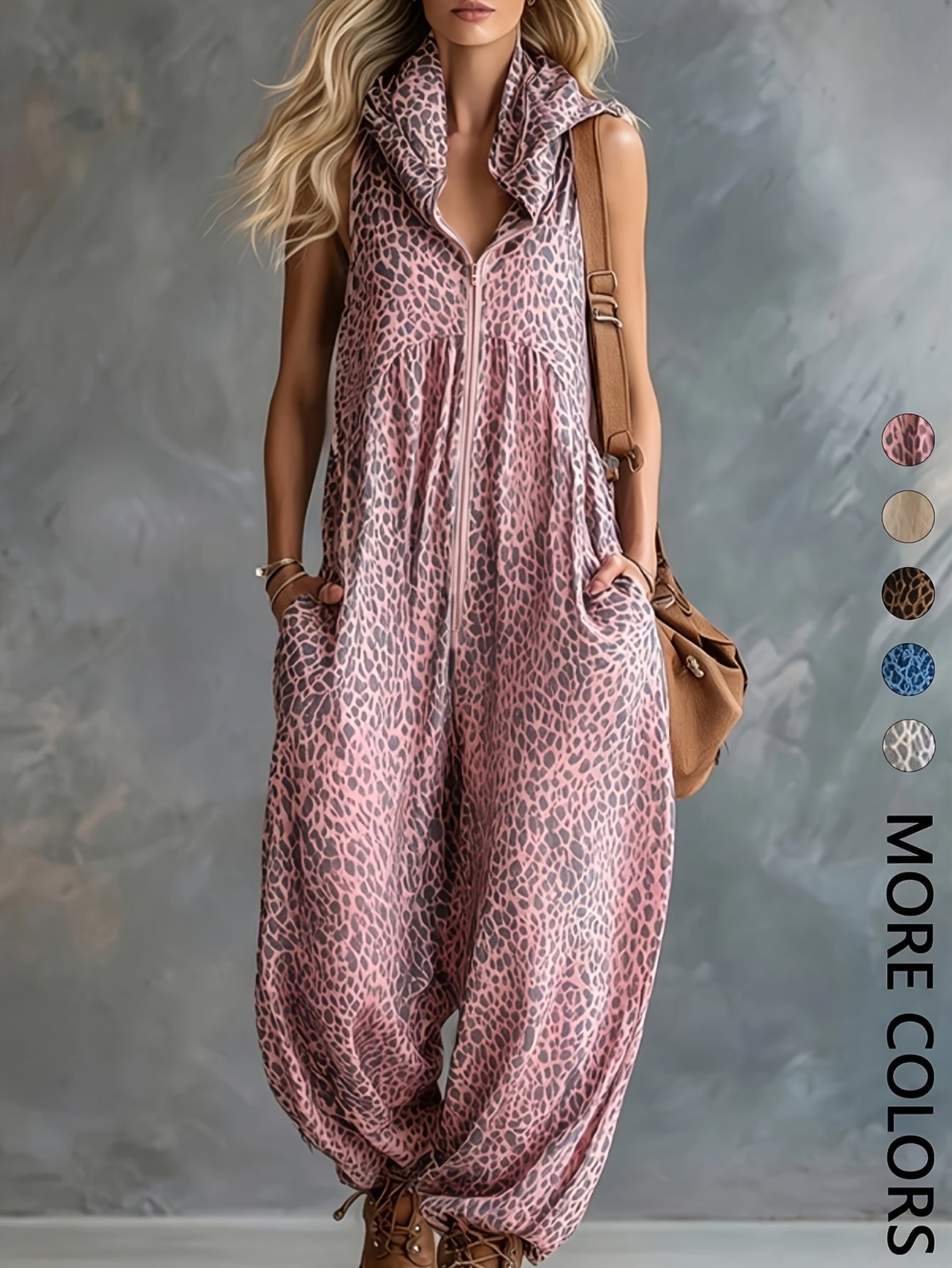 Combinaison pantalon femme motif léopard sans manches avec capuche et poches