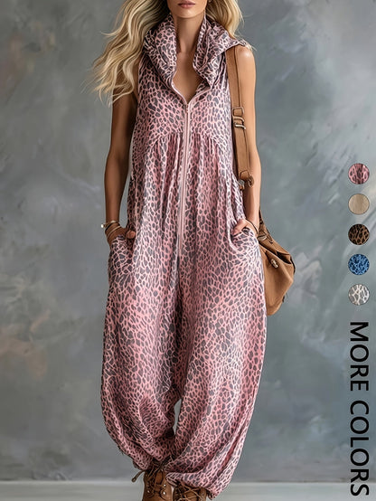 Combinaison pantalon femme motif léopard sans manches avec capuche et poches