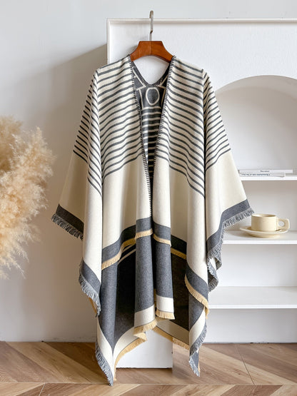 Women's Striped Fringe Trim Open Front Wrap Poncho Cape