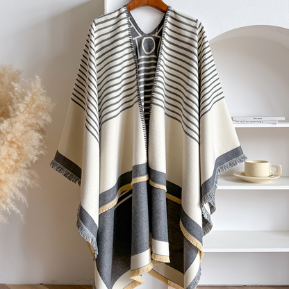 Women's Striped Fringe Trim Open Front Wrap Poncho Cape