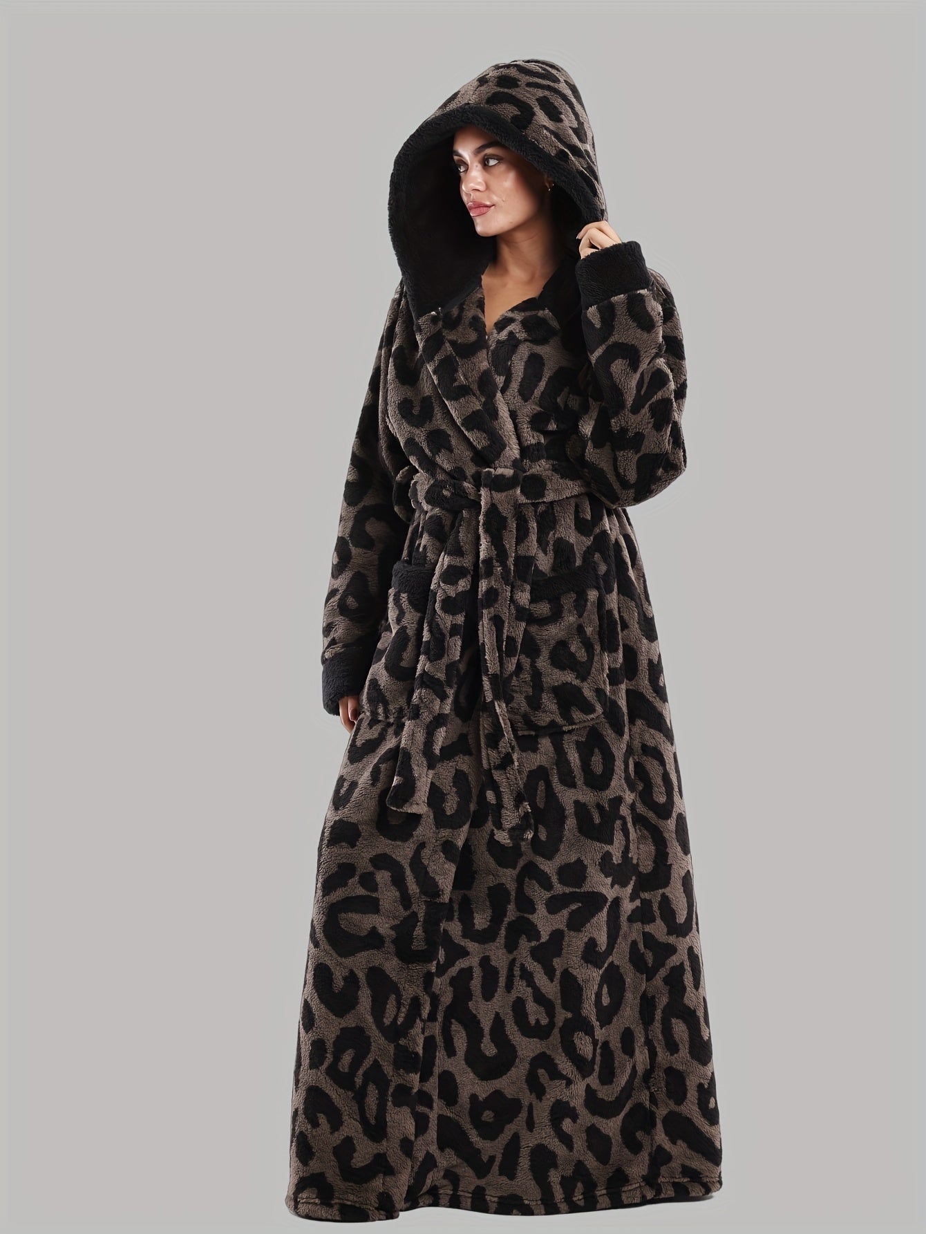 Robe de Chambre Femme Longue à Capuche Motif Léopard