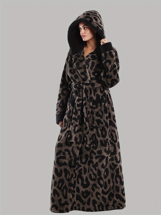Robe de Chambre Femme Longue à Capuche Motif Léopard