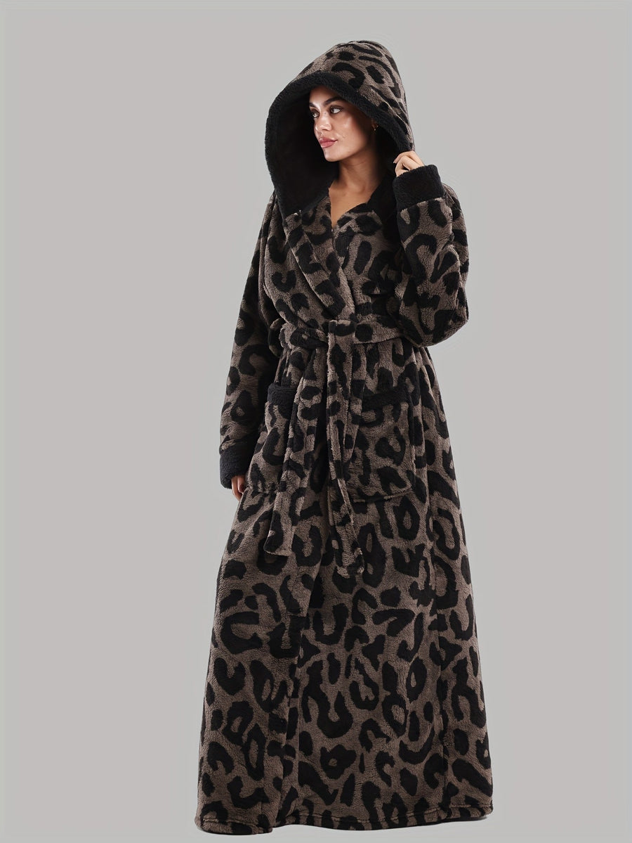 Robe de Chambre Femme Longue à Capuche Motif Léopard