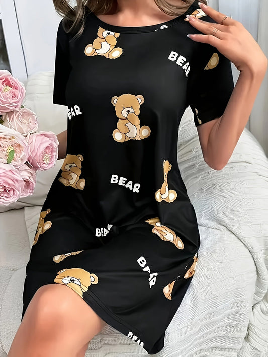 Chemise de nuit femme style tunique imprimé ourson, décontractée et confortable, idéale pour la maison