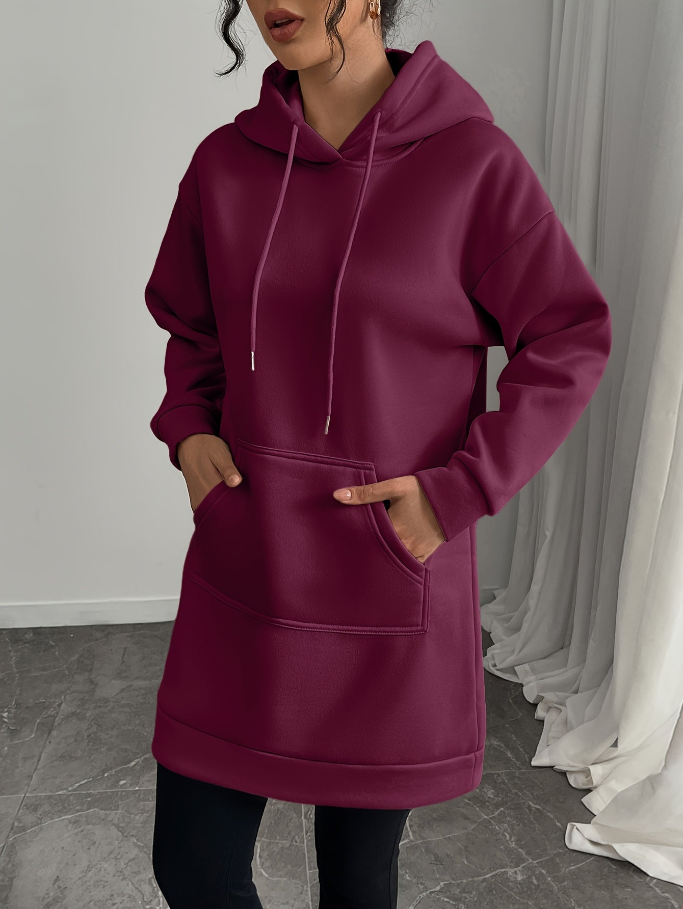 Robe Sweat à Capuche Femme Longue avec Poche Kangourou Manches Longues