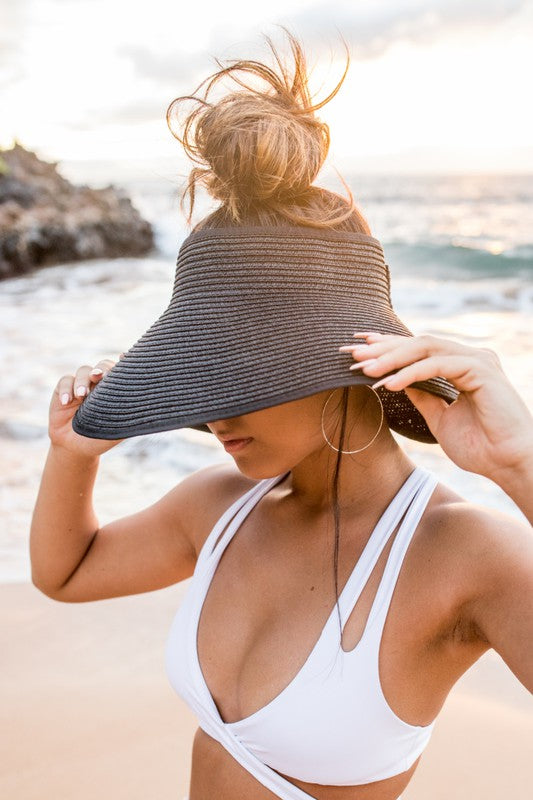 Visera de playa de ala ancha para mujer con lazo en la parte posterior