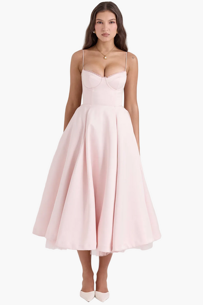 Robe de soirée élégante femme style princesse bustier jupe midi évasée