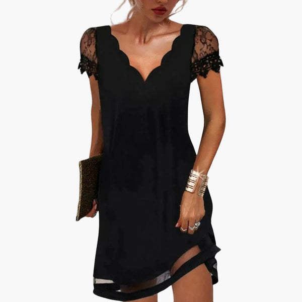 Robe Femme Élégante Manches Dentelle Col Ondulé pour Soirée et Événement