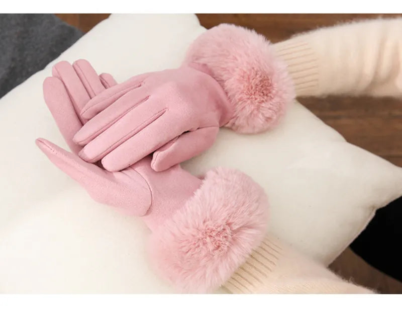 Gants Femme Hiver Aspect Suédé avec Bordure Fausse Fourrure Rose Poudré