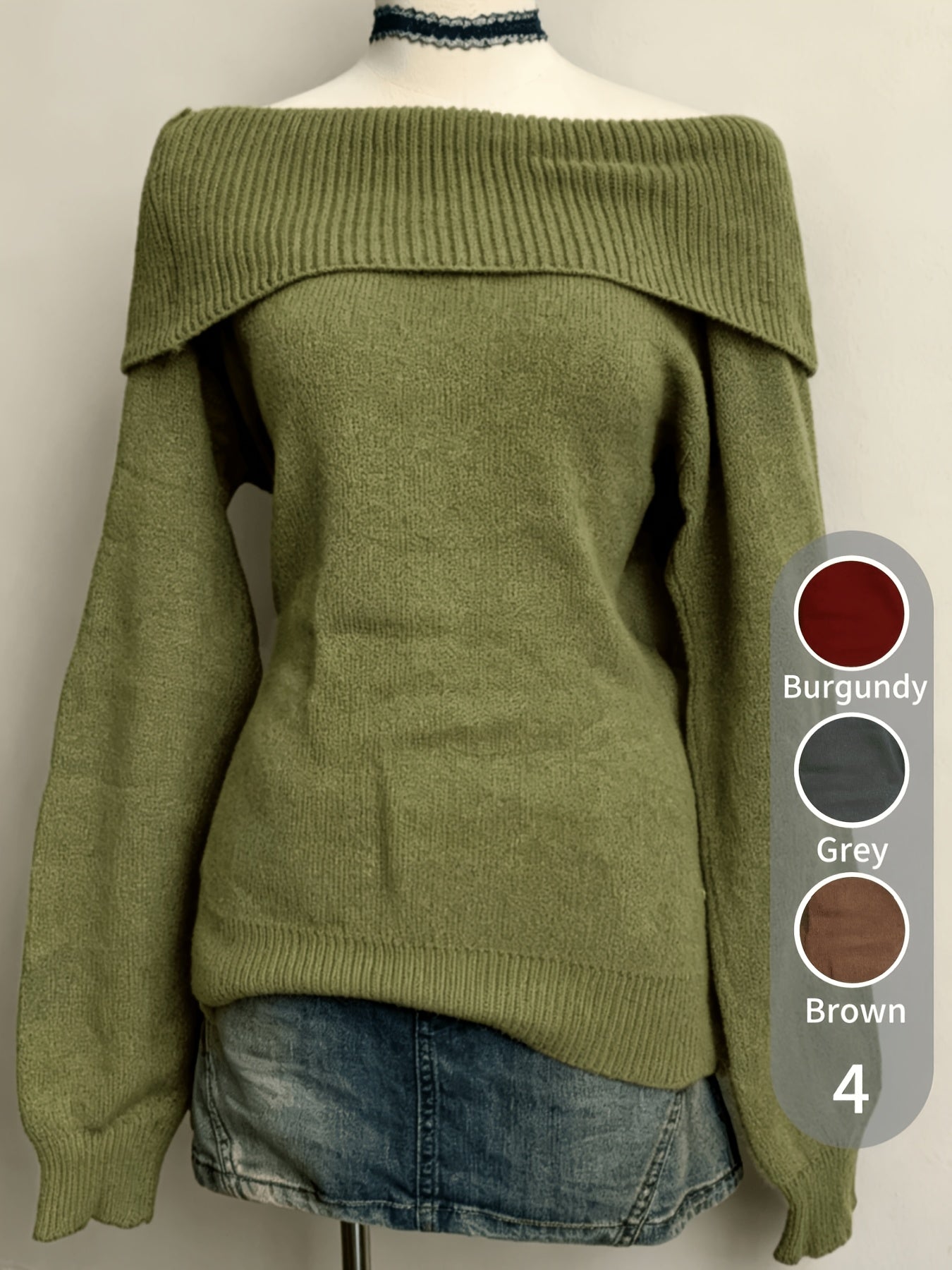Pull Femme Épaules Dénudées Vert Kaki Tricot Doux Col Rabattu