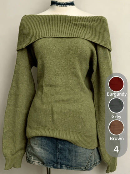 Pull Femme Épaules Dénudées Vert Kaki Tricot Doux Col Rabattu