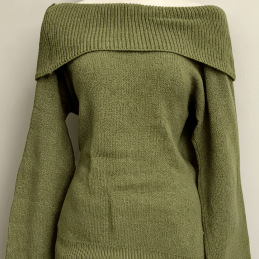 Pull Femme Épaules Dénudées Vert Kaki Tricot Doux Col Rabattu