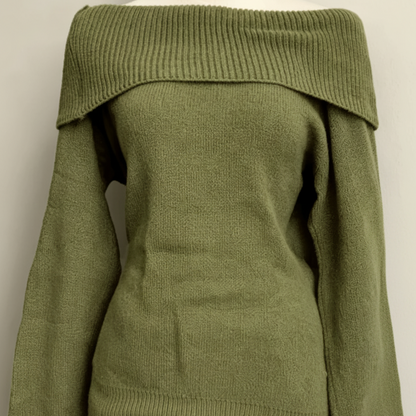 Pull Femme Épaules Dénudées Vert Kaki Tricot Doux Col Rabattu
