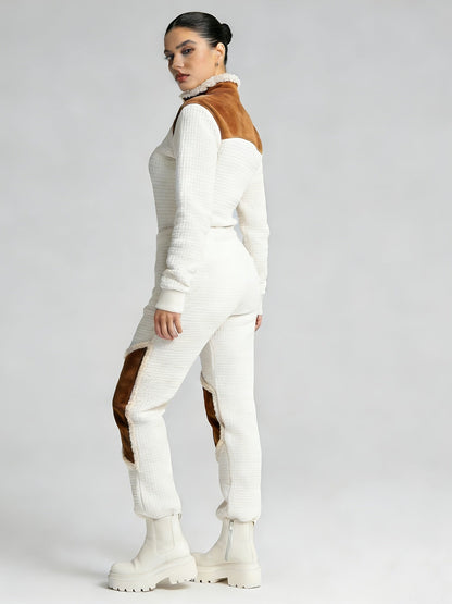 Pull matelassé Femme Col Montant Zippé Blanc Cassé Épaules Marron Effet Daim