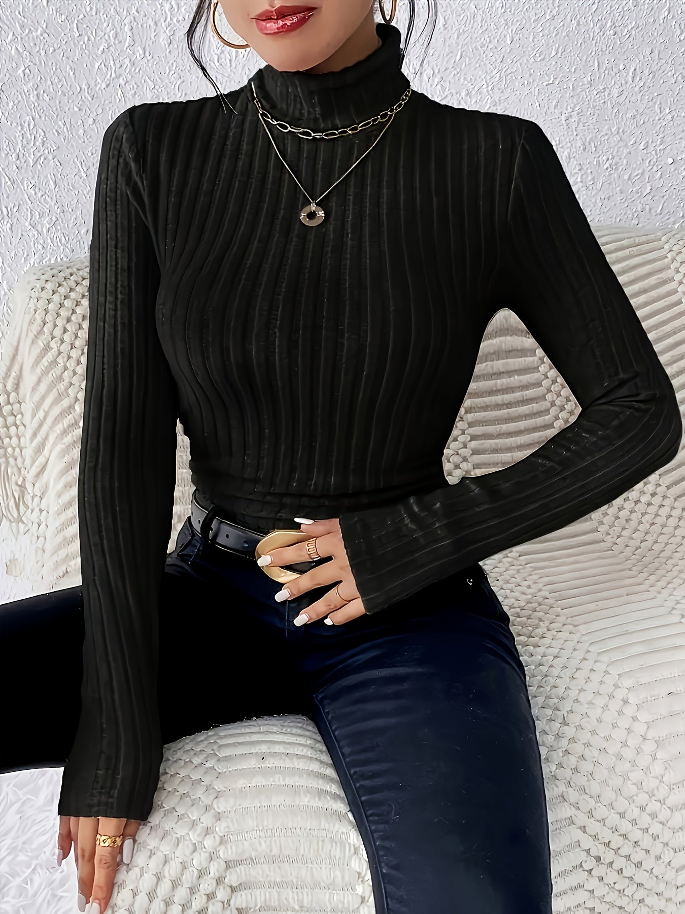 Haut côtelé à col montant pour femme, manches longues, ajusté, vert kaki, gris clair et beige