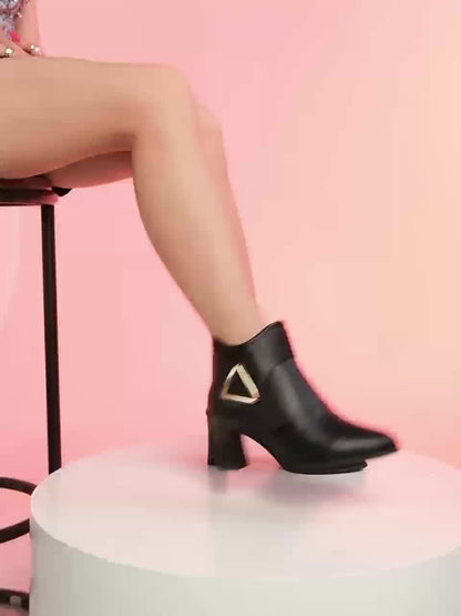 Bottines femme à talons épais, bout pointu, avec boucle décorative et fermeture éclair latérale