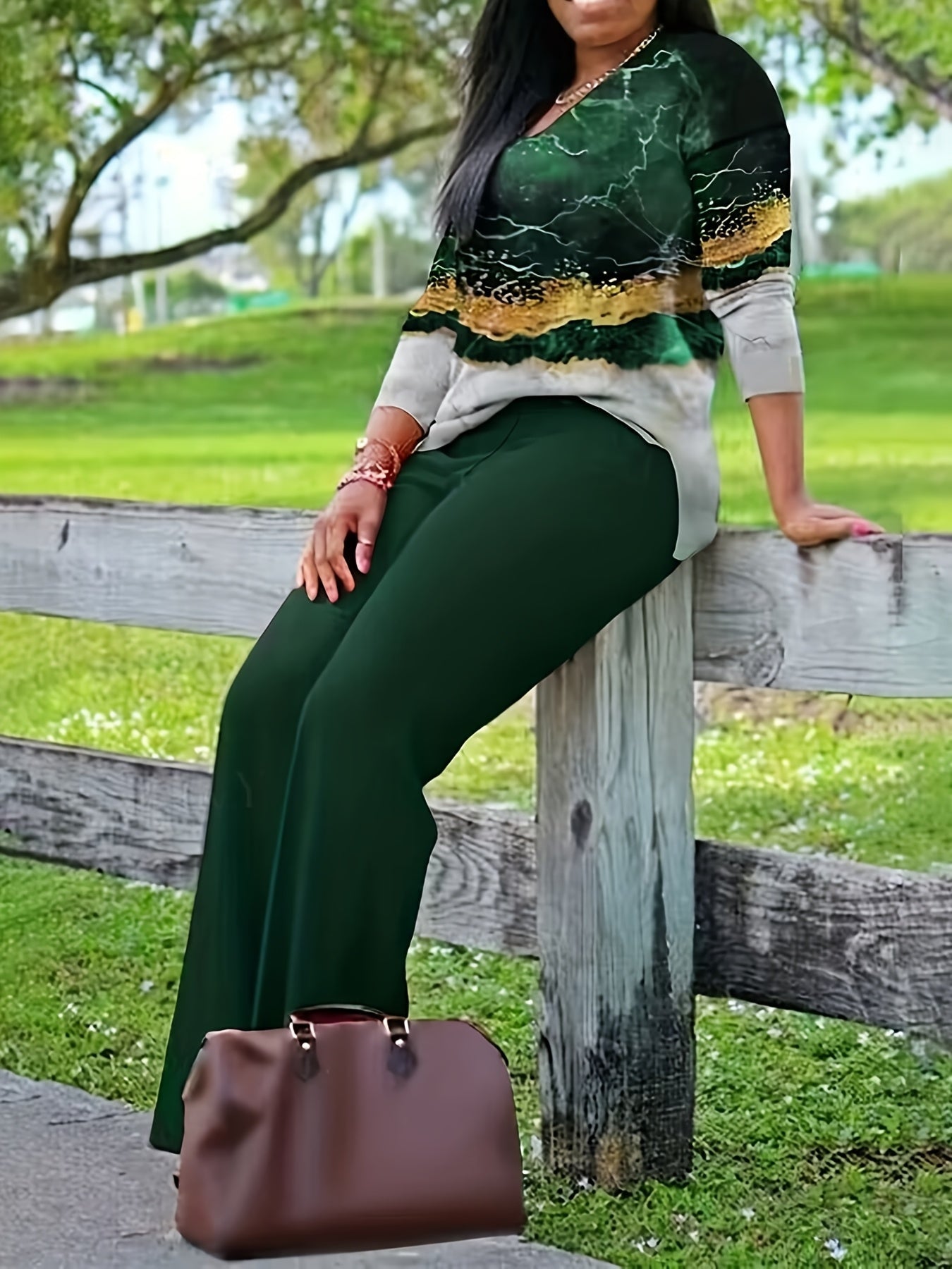 Haut à motif géométrique et pantalon large femme style décontracté pour printemps et été