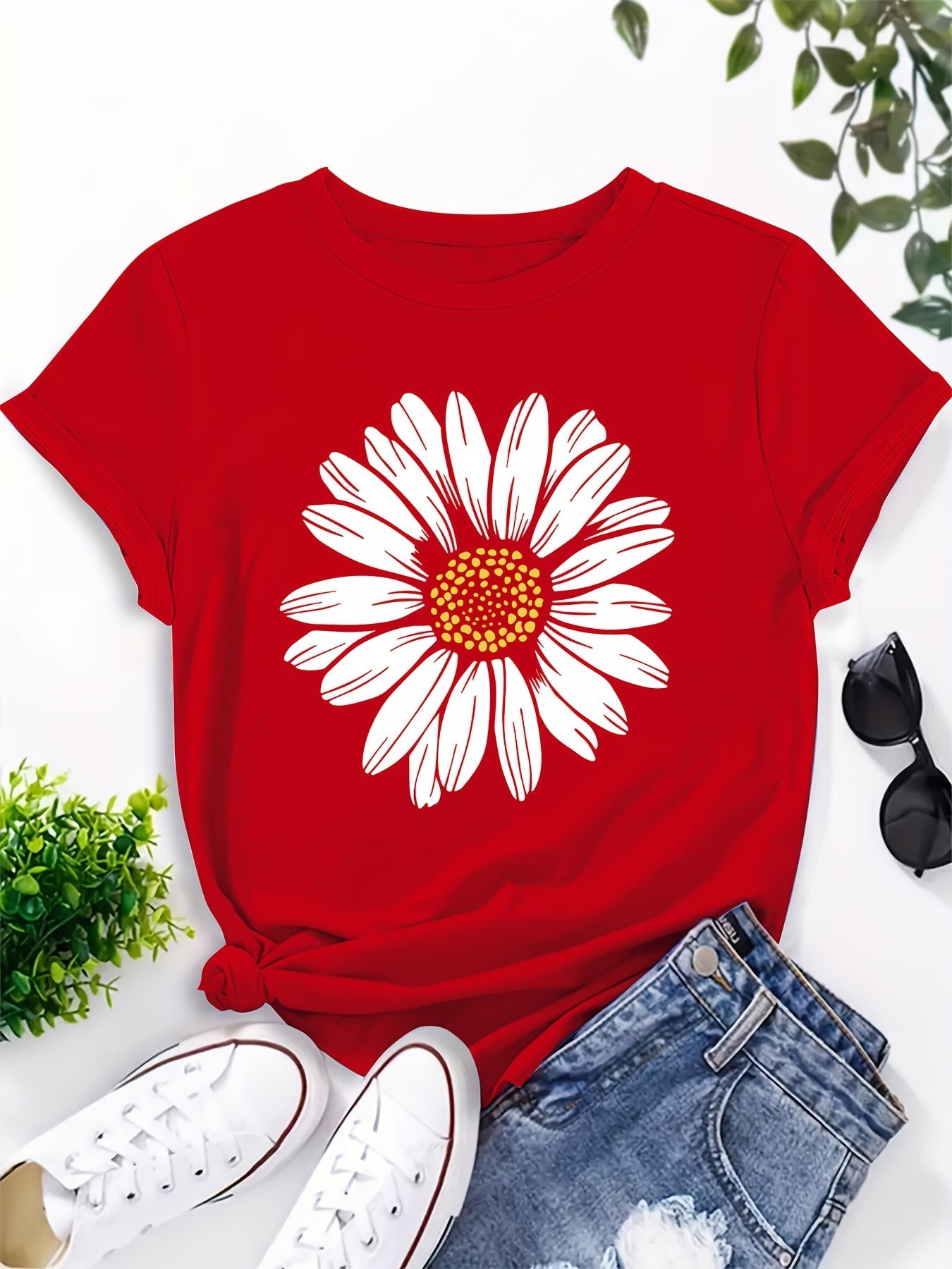 T-shirt femme décontracté motif marguerite pour look estival et tendance