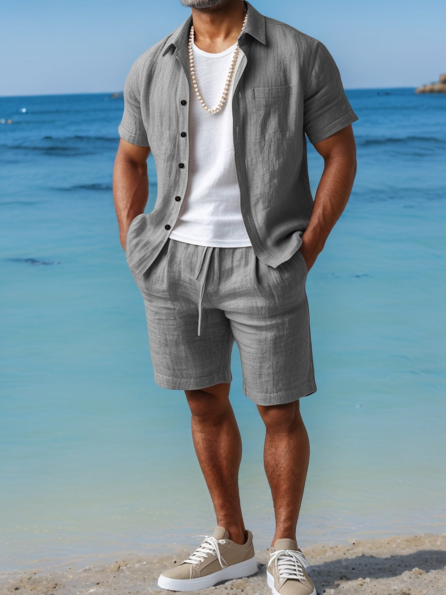 Ensemble décontracté pour homme style bohème – chemise manches courtes et short idéal plage et été