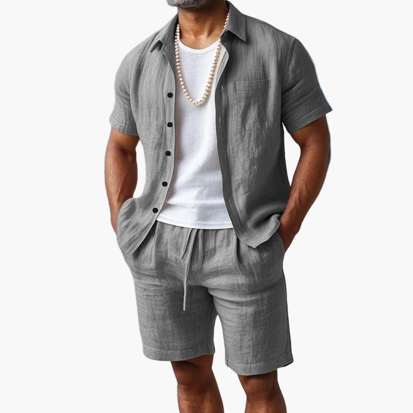 Ensemble décontracté pour homme style bohème – chemise manches courtes et short idéal plage et été
