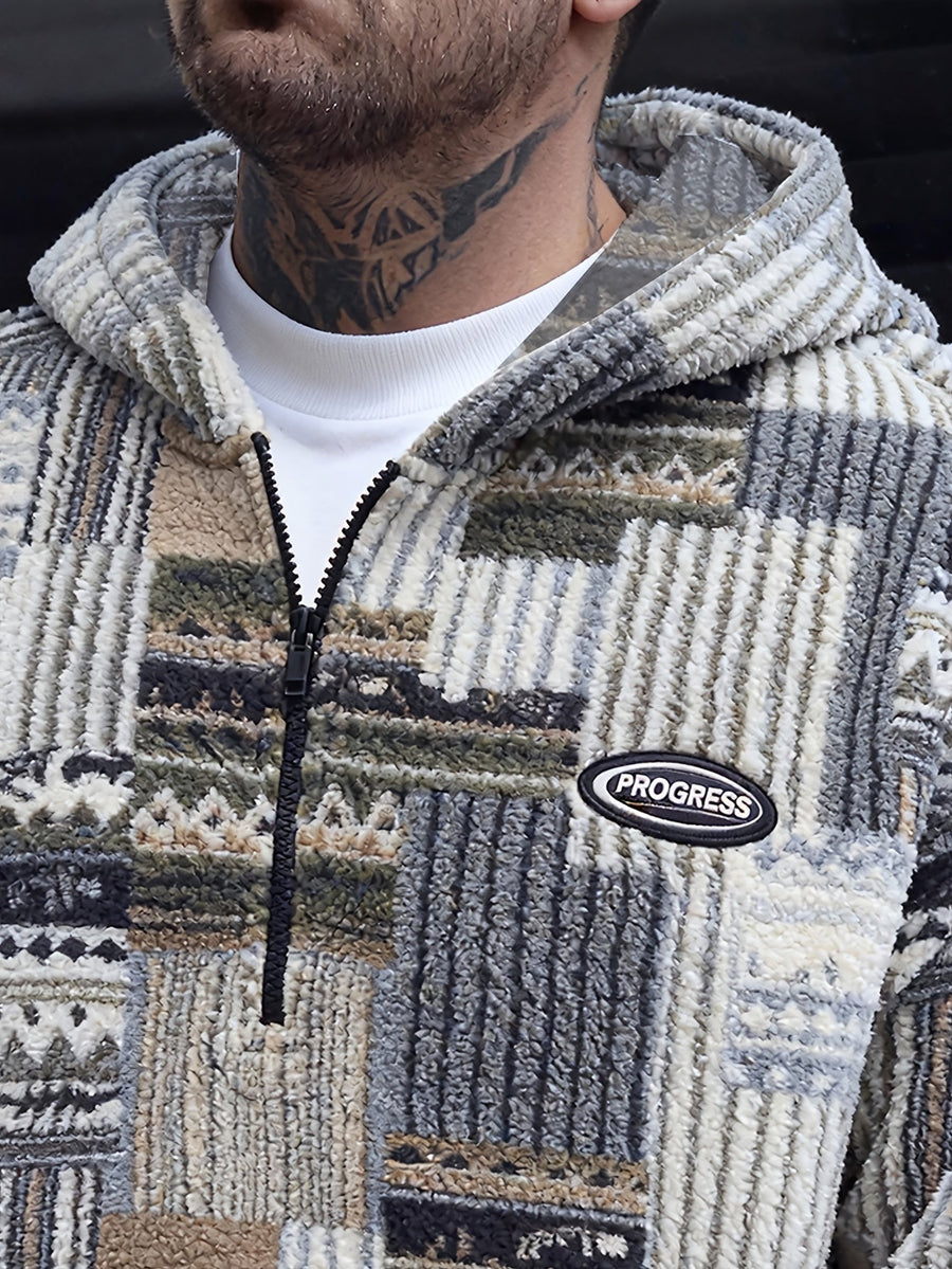 Sweat à Capuche Homme Motif Patchwork Imprimé Ethnique Demi-Zip Polaire Hiver