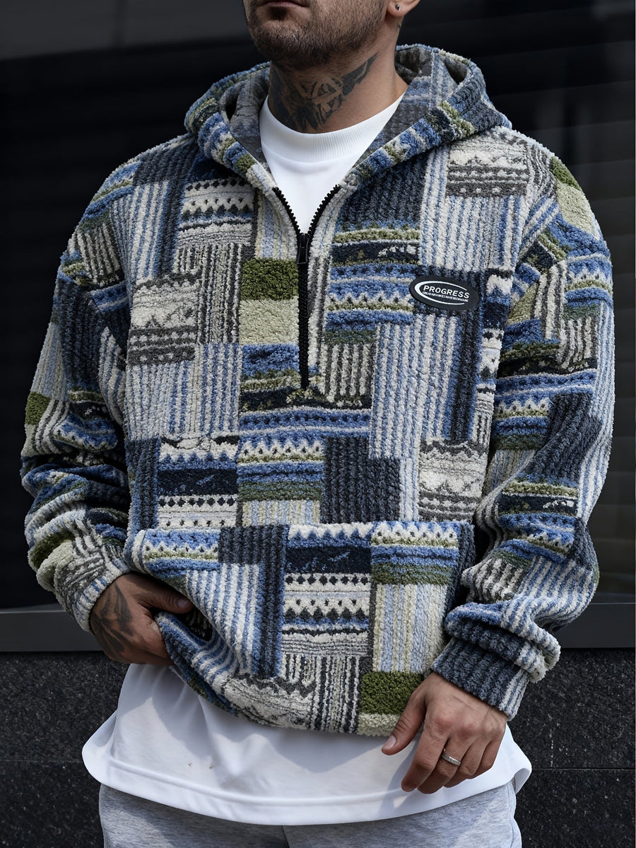 Sweat à Capuche Homme Motif Patchwork Imprimé Ethnique Demi-Zip Polaire Hiver