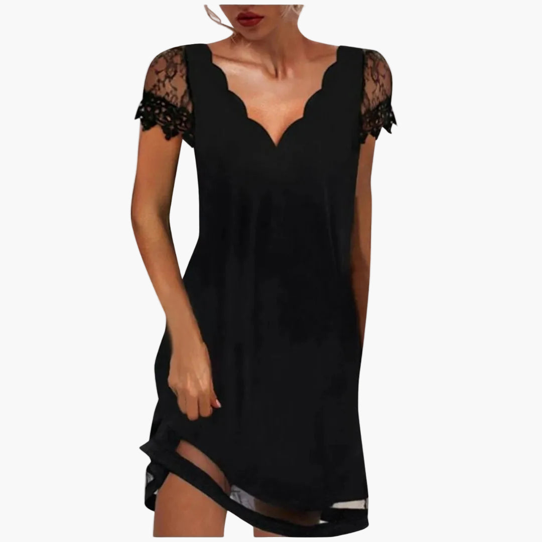Robe Femme Élégante Manches Dentelle Col Ondulé pour Soirée et Événement