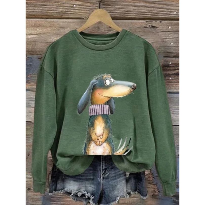 Damen-Sweatshirt mit Rundhalsausschnitt und fantasievollem Hundeaufdruck