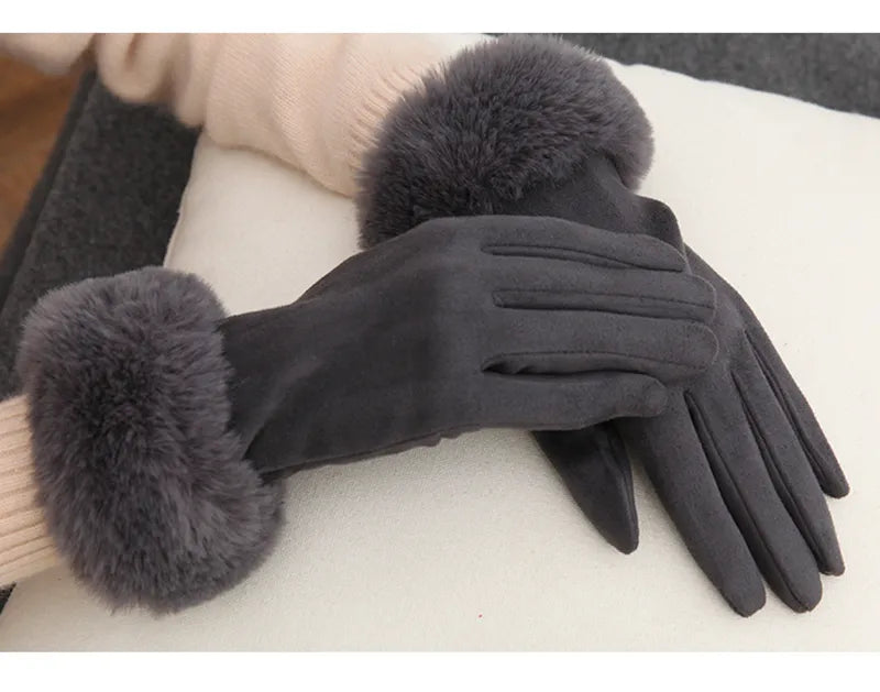 Gants Femme Hiver Aspect Suédé avec Bordure Fausse Fourrure Rose Poudré