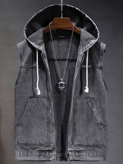 Veste sans manches à capuche pour homme en denim noir délavé