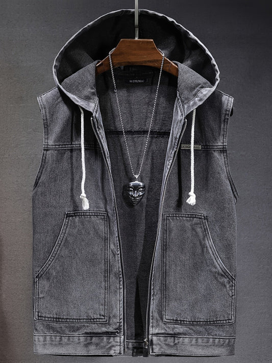 Veste sans manches à capuche pour homme en denim noir délavé