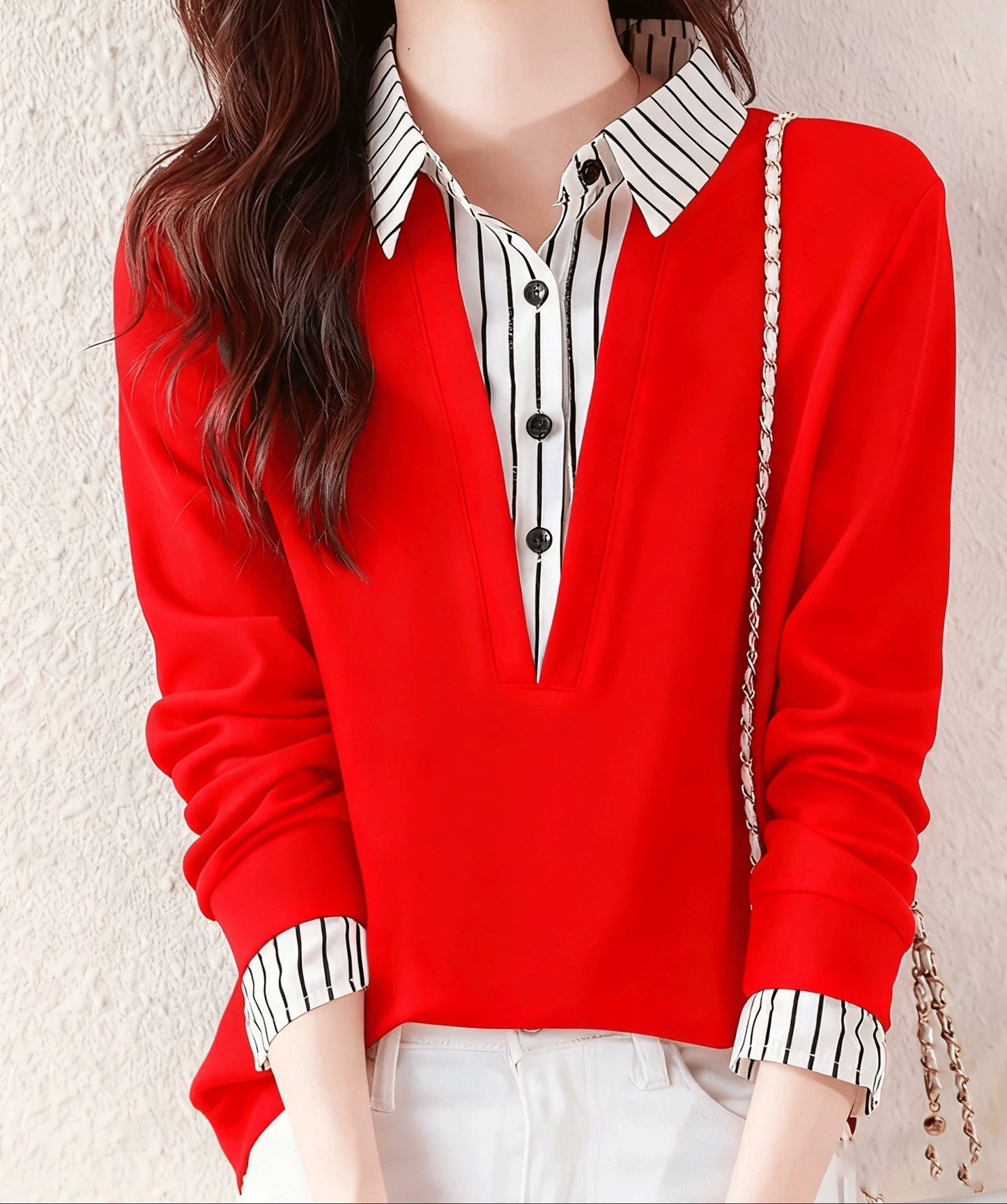 T-shirt Femme Col Chemise Rayé Manches Longues Faux Deux Pièces