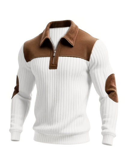 Pull homme côtelé col polo zippé empiècements contrastants coudes et épaules