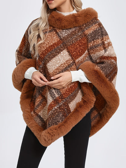 Poncho Femme Chaud Motifs Géométriques et Bordures Imitation Fourrure