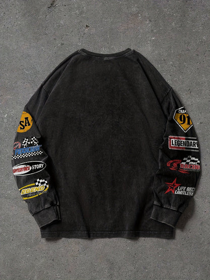 Sweat-shirt Homme ample noir délavé imprimé texte et écussons style racing