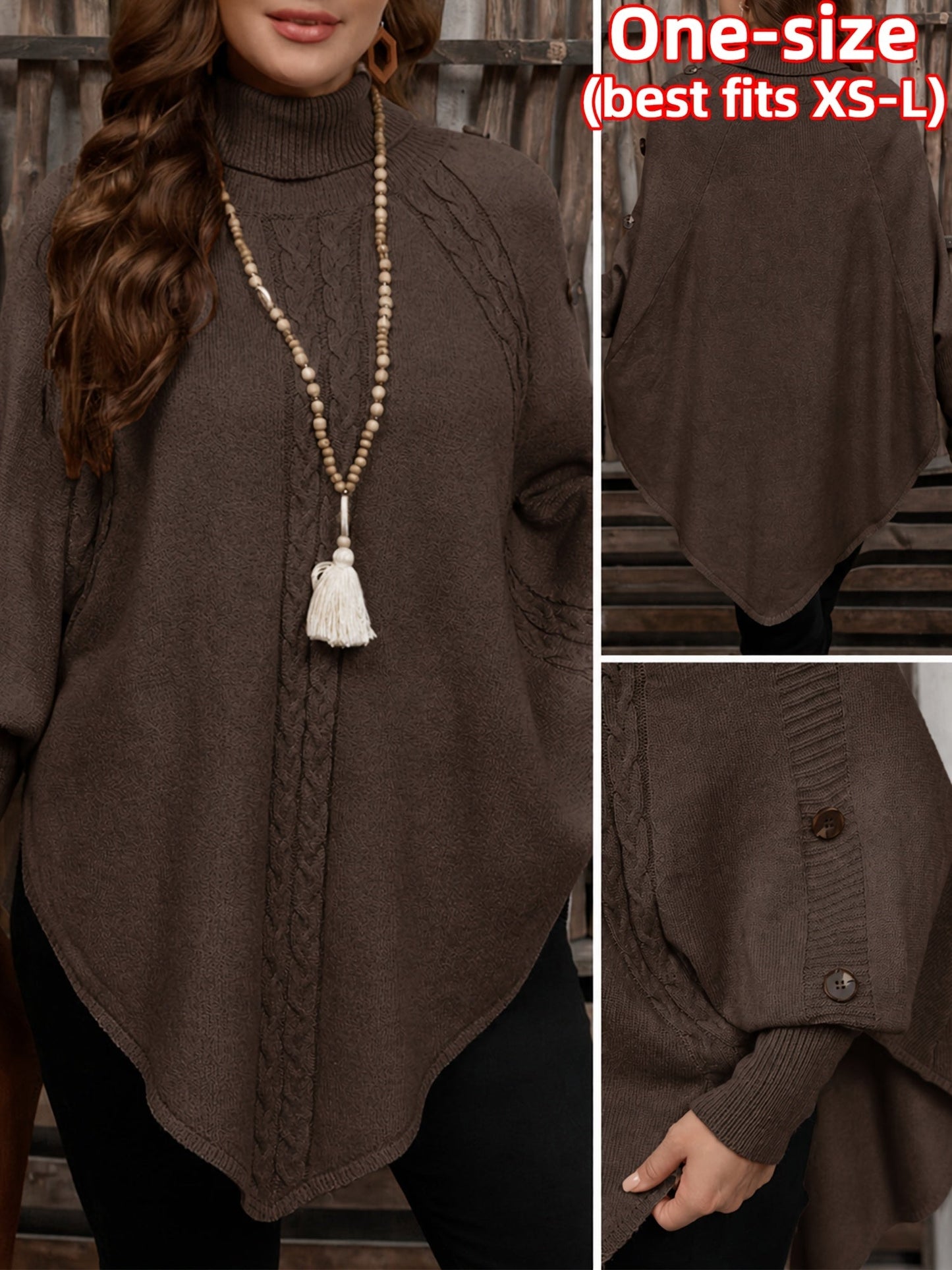 Pull poncho en tricot à col roulé et tresses avec boutons décoratifs pour femme