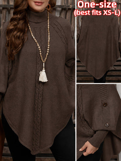Pull poncho en tricot à col roulé et tresses avec boutons décoratifs pour femme