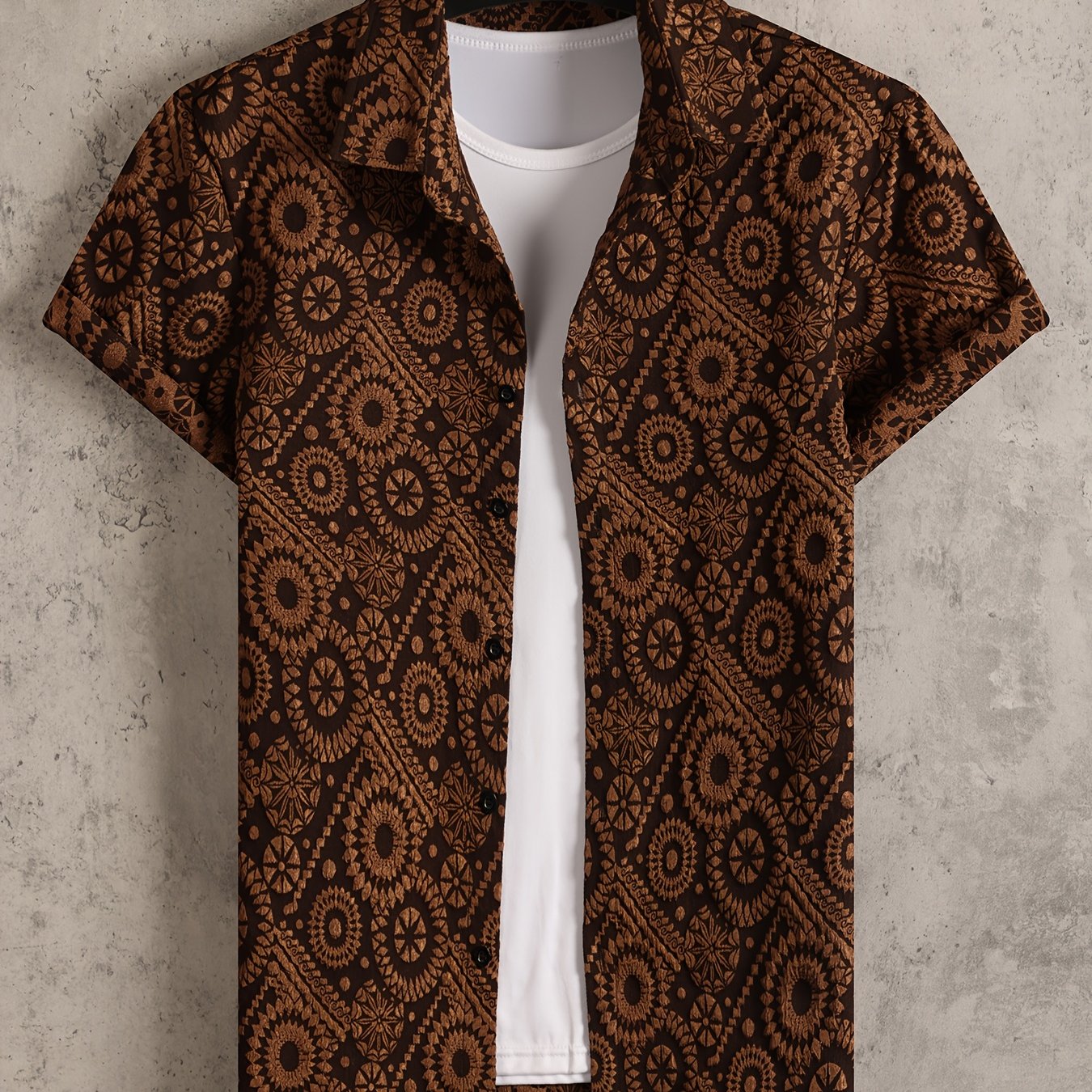 Camicia da uomo stile resort a maniche corte, motivo medaglione testurizzato, ideale per vacanze e uscite estive