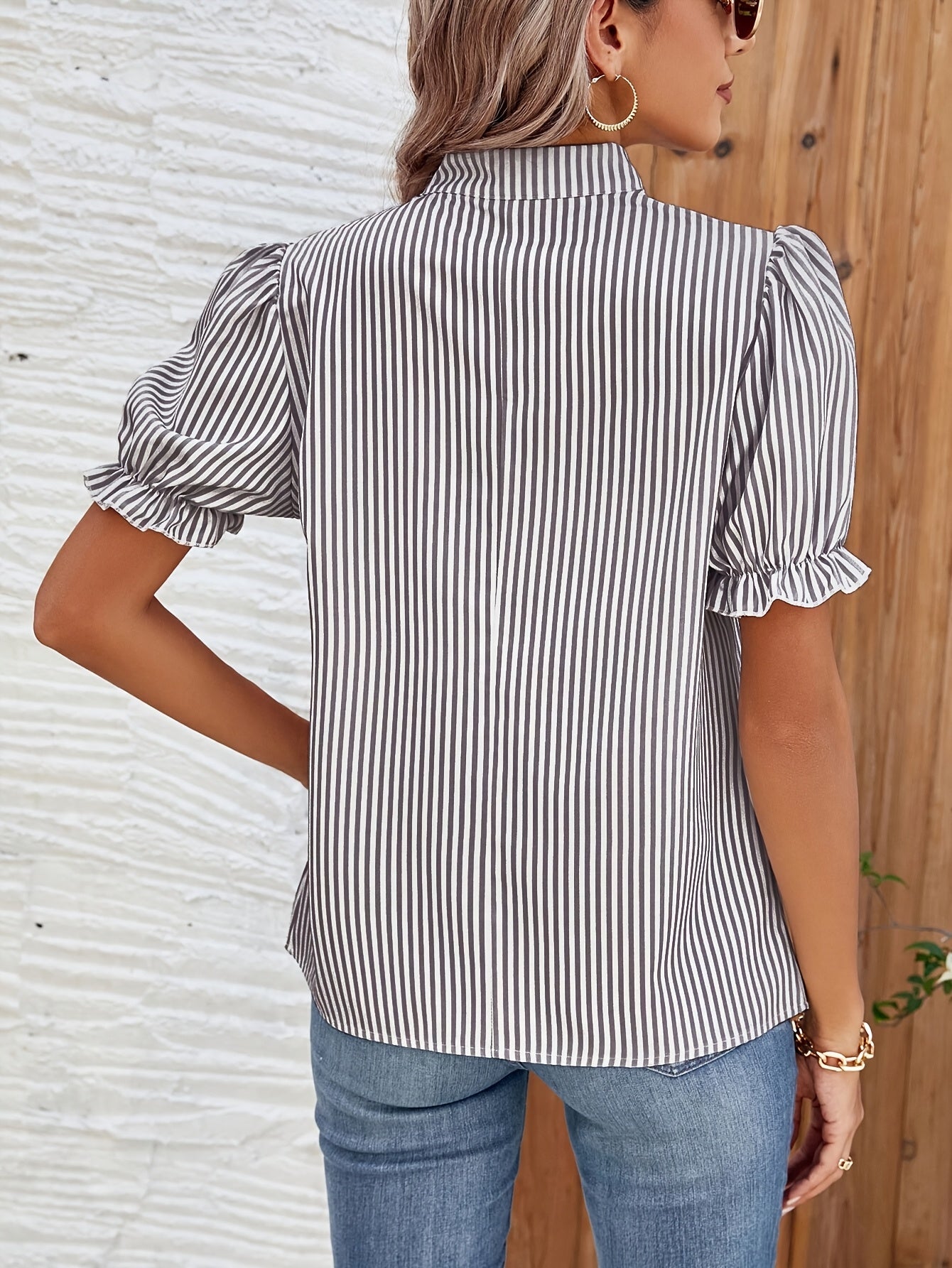 Blouse Femme Élégante à Rayures Manches Bouffantes Style Décontracté Printemps Été