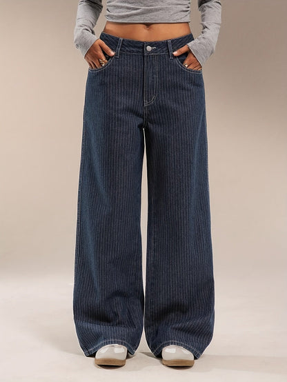Jean large délavé bleu marine rayé taille haute pour femme
